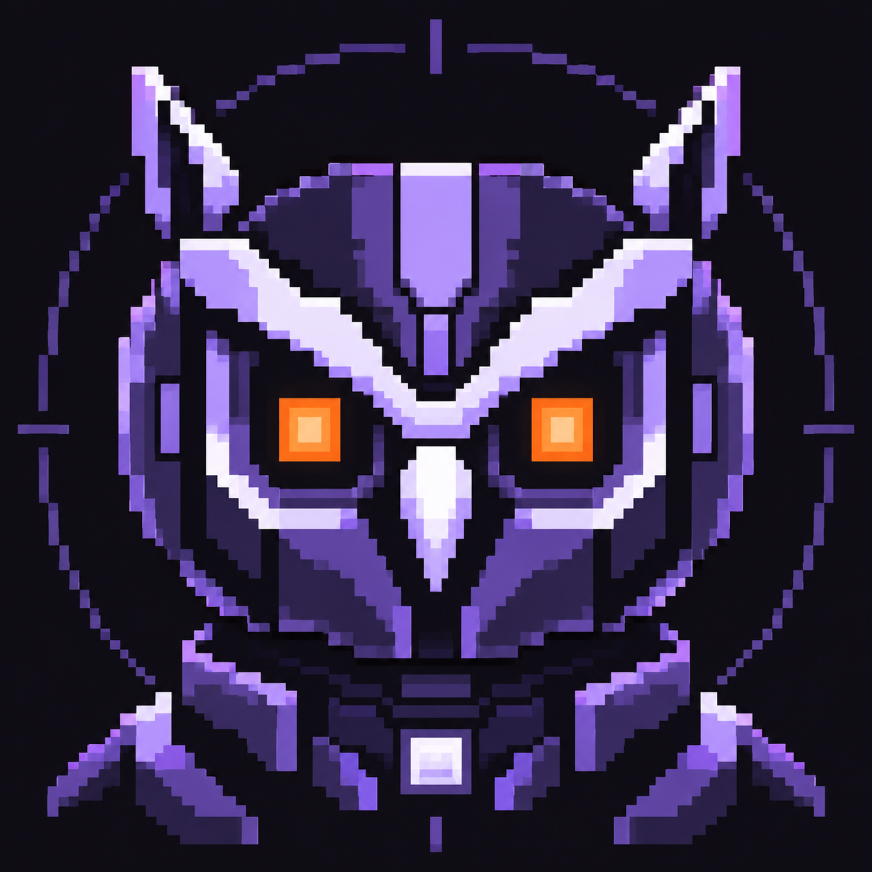 Violet pixel art sentry with orange eyes